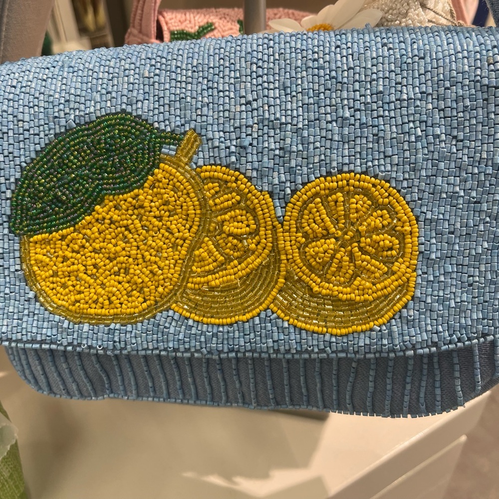 Hand-Beaded Lemon Clutch Bag in Light Blue and Yellow